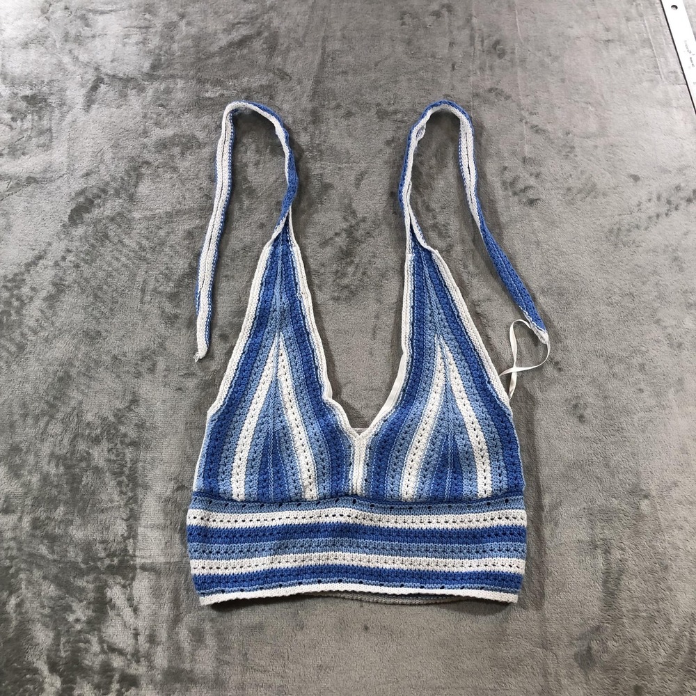 Hollister Shirt Womens Large Blue White Crochet Halter Crop Top Striped Boho